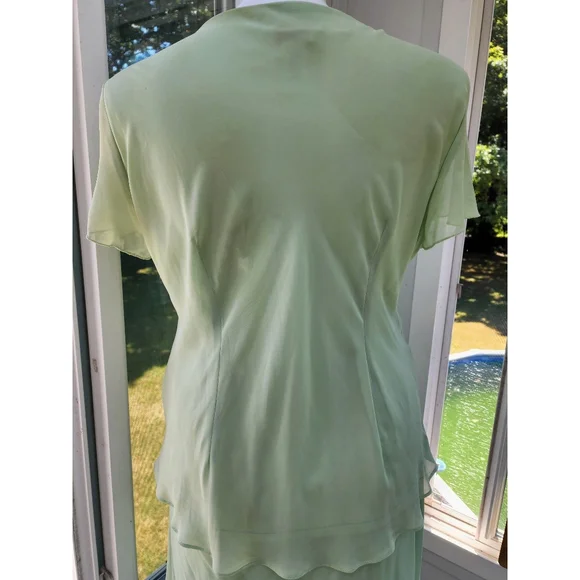 Mint Green 2 Piece Pleated Ruffle Chiffon Jewel Pin Top & Midi Skirt Set - Picture 14 of 16